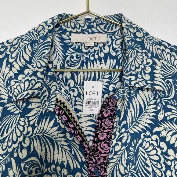 Loft Garden Shirt Dress Sz 10 Shift Blue Button Coastal Tropical Dainty Vacation - Picture 3 of 8